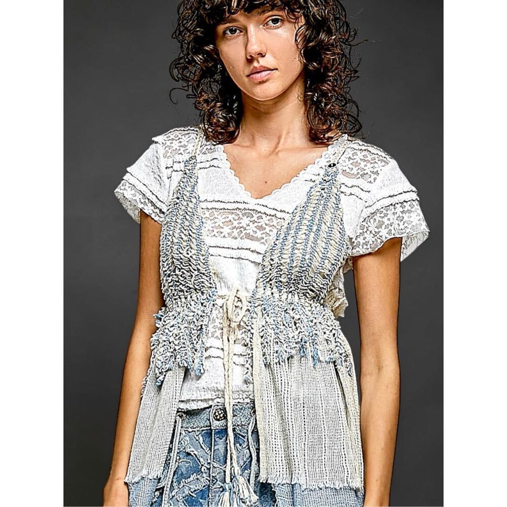 POL Boho Crochet Lace Patchwork Tank Festival Tie Front Cross Back String Top